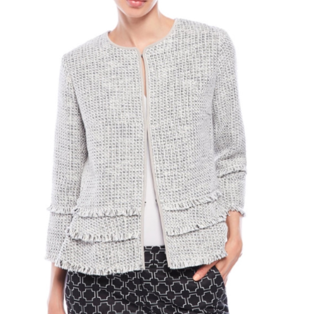 Tahari Metallic Tweed Fringe Blazer Jacket